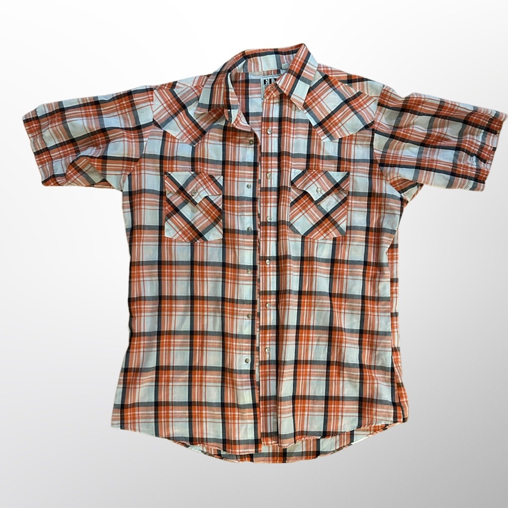 Men’s Ely Cattleman Snap Front Size Medium Short Sleeve Shirt/Plaid Orange/ Navy